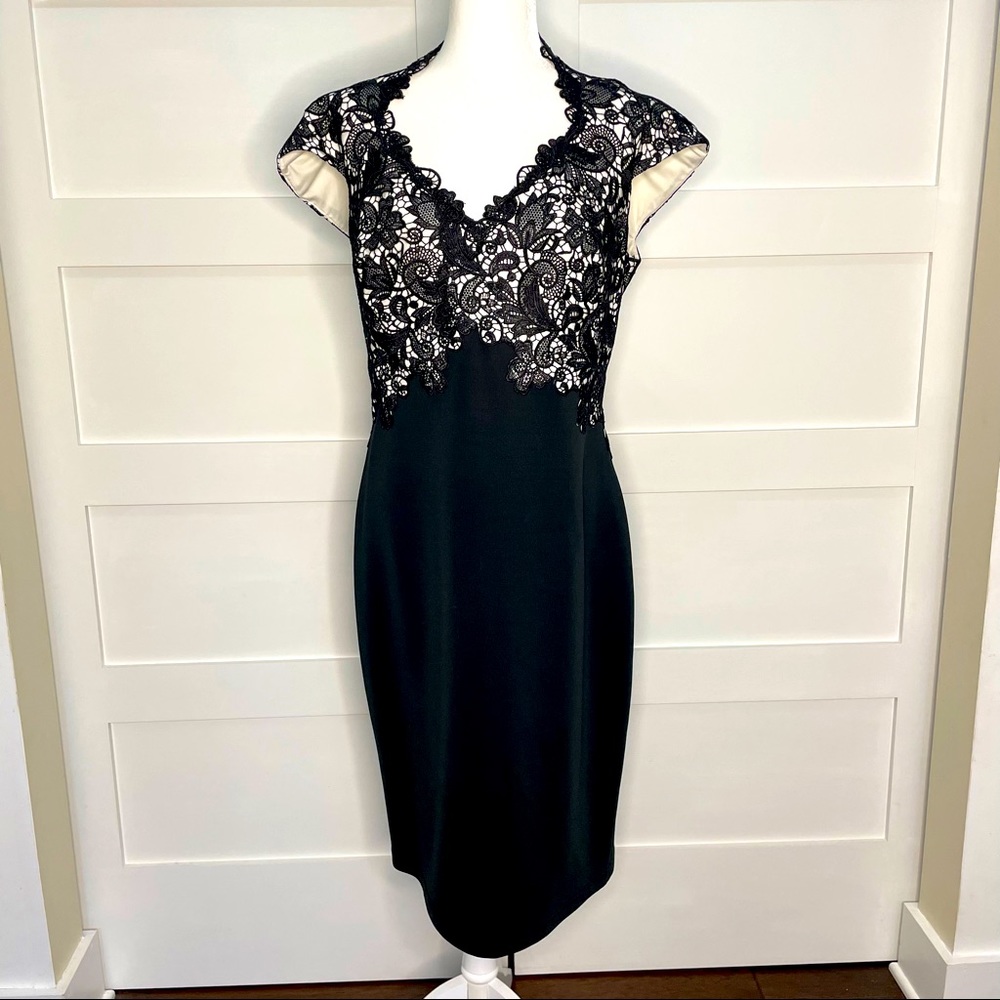 Tadashi Shoji embroidered lace dress size 16 black white cap sleeve v neck